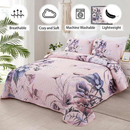 Pink Floral Dream Bedspread Coverlet 3 Piece Set