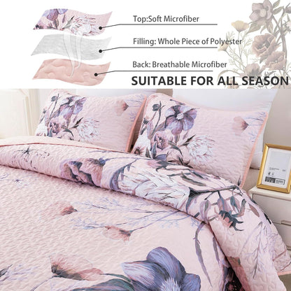 Pink Floral Dream Bedspread Coverlet 3 Piece Set