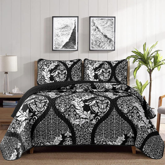 Black Damask Boho Charm Bedspread Coverlet 3 Piece Set
