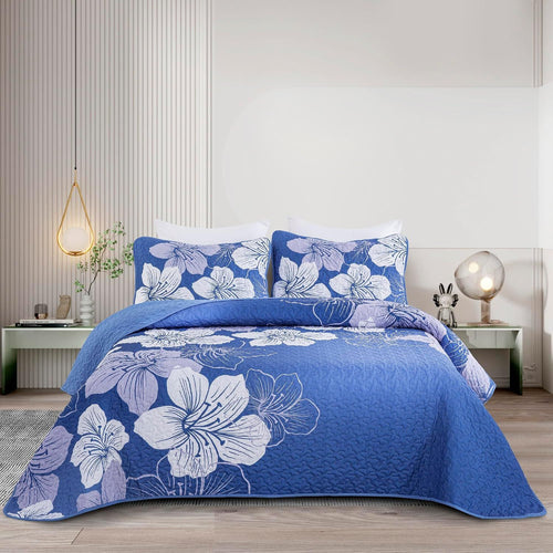 Blue Floral Boho Charm Bedspread Coverlet 3 Piece Set