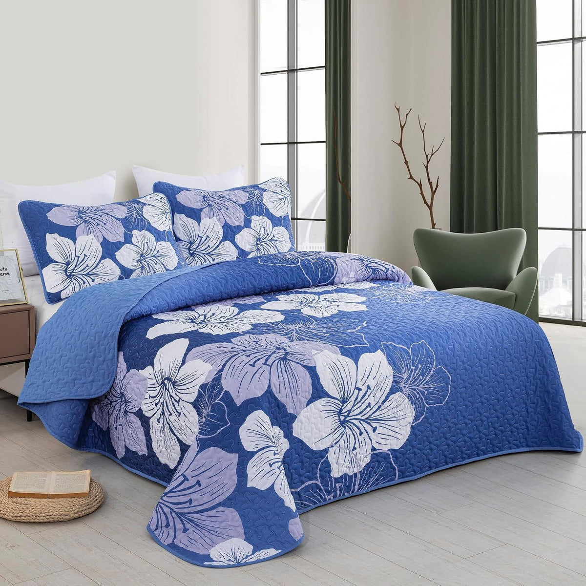 Blue Floral Boho Charm Bedspread Coverlet 3 Piece Set