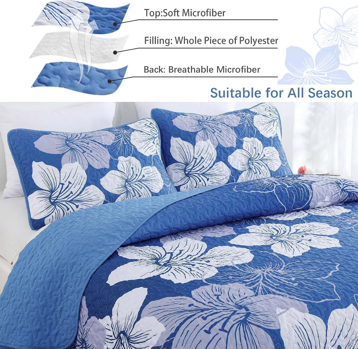 Blue Floral Boho Charm Bedspread Coverlet 3 Piece Set