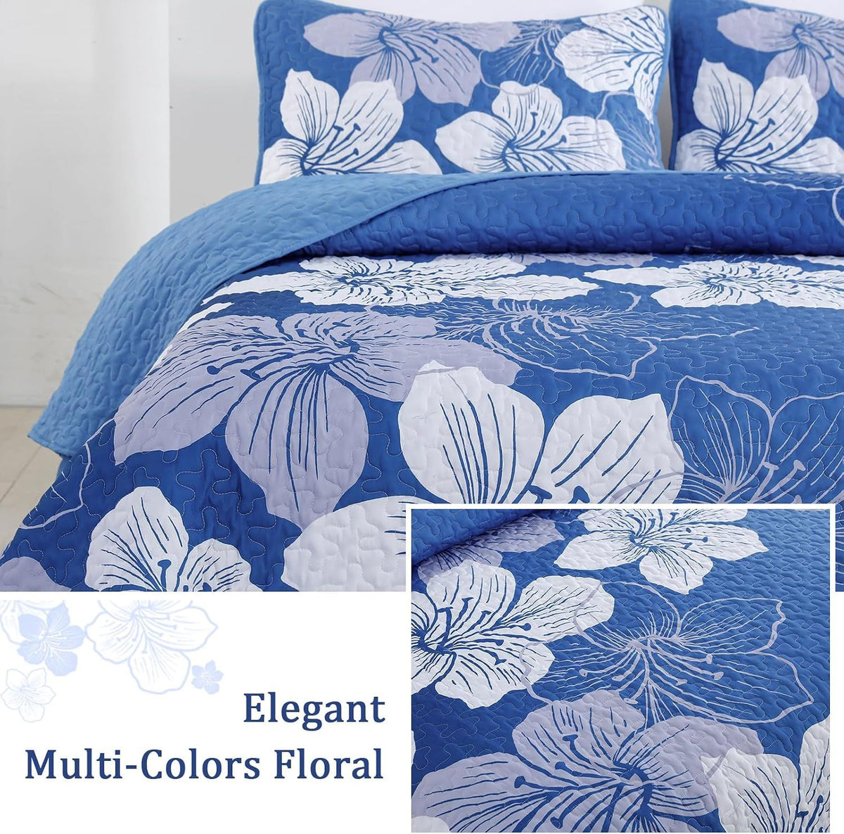Blue Floral Boho Charm Bedspread Coverlet 3 Piece Set