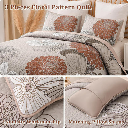 Brown Floral Vista Bedspread Coverlet 3 Piece Set