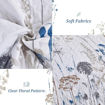 Blue Floral Botanical Charm Bedspread Coverlet 3 Piece Set