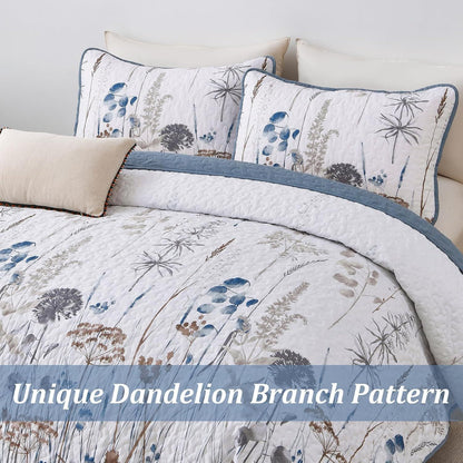 Blue Floral Botanical Charm Bedspread Coverlet 3 Piece Set