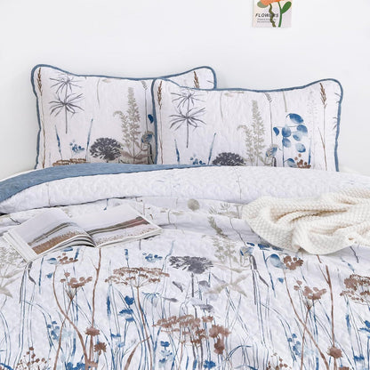 Blue Floral Botanical Charm Bedspread Coverlet 3 Piece Set