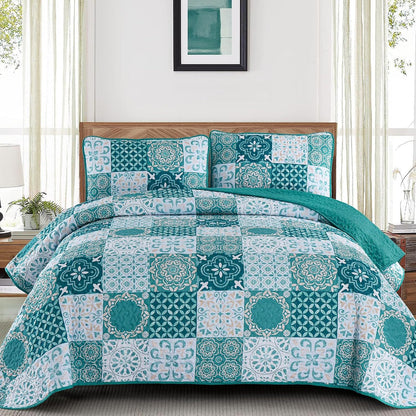 Teal Boho Mosaic Patchwork Coverlet Bedspread Set