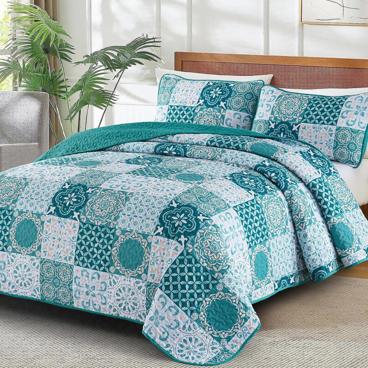 Teal Boho Mosaic Patchwork Coverlet Bedspread Set
