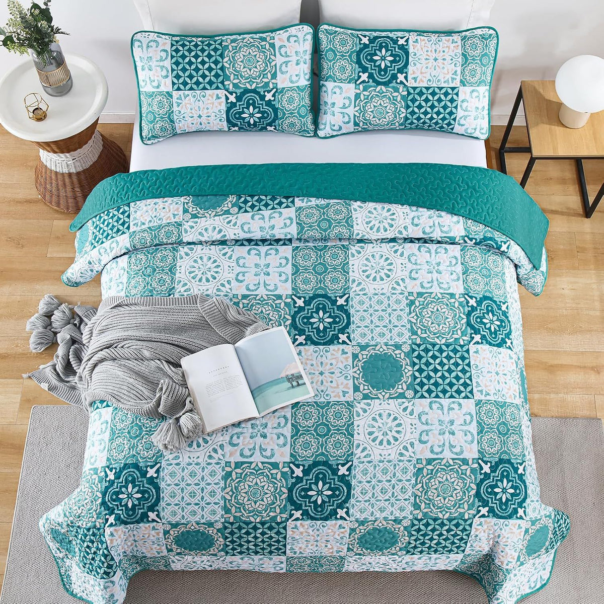 Teal Boho Mosaic Patchwork Coverlet Bedspread Set