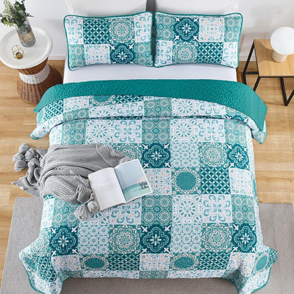 Teal Boho Mosaic Patchwork Coverlet Bedspread Set