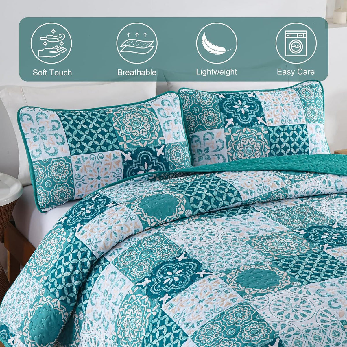 Teal Boho Mosaic Patchwork Coverlet Bedspread Set