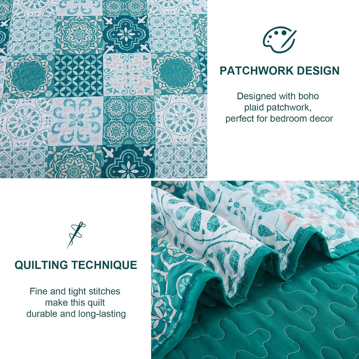 Teal Boho Mosaic Patchwork Coverlet Bedspread Set