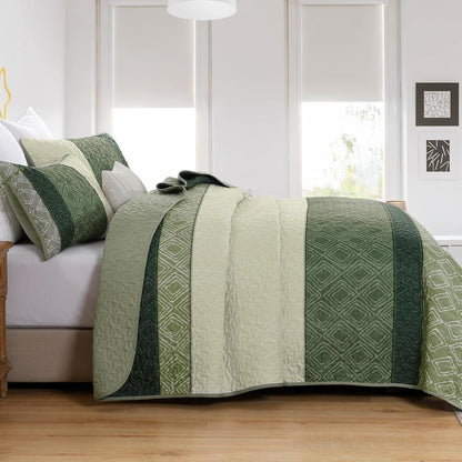 Sage Green Stripe Bloom Bedspread Coverlet 3 Piece Set