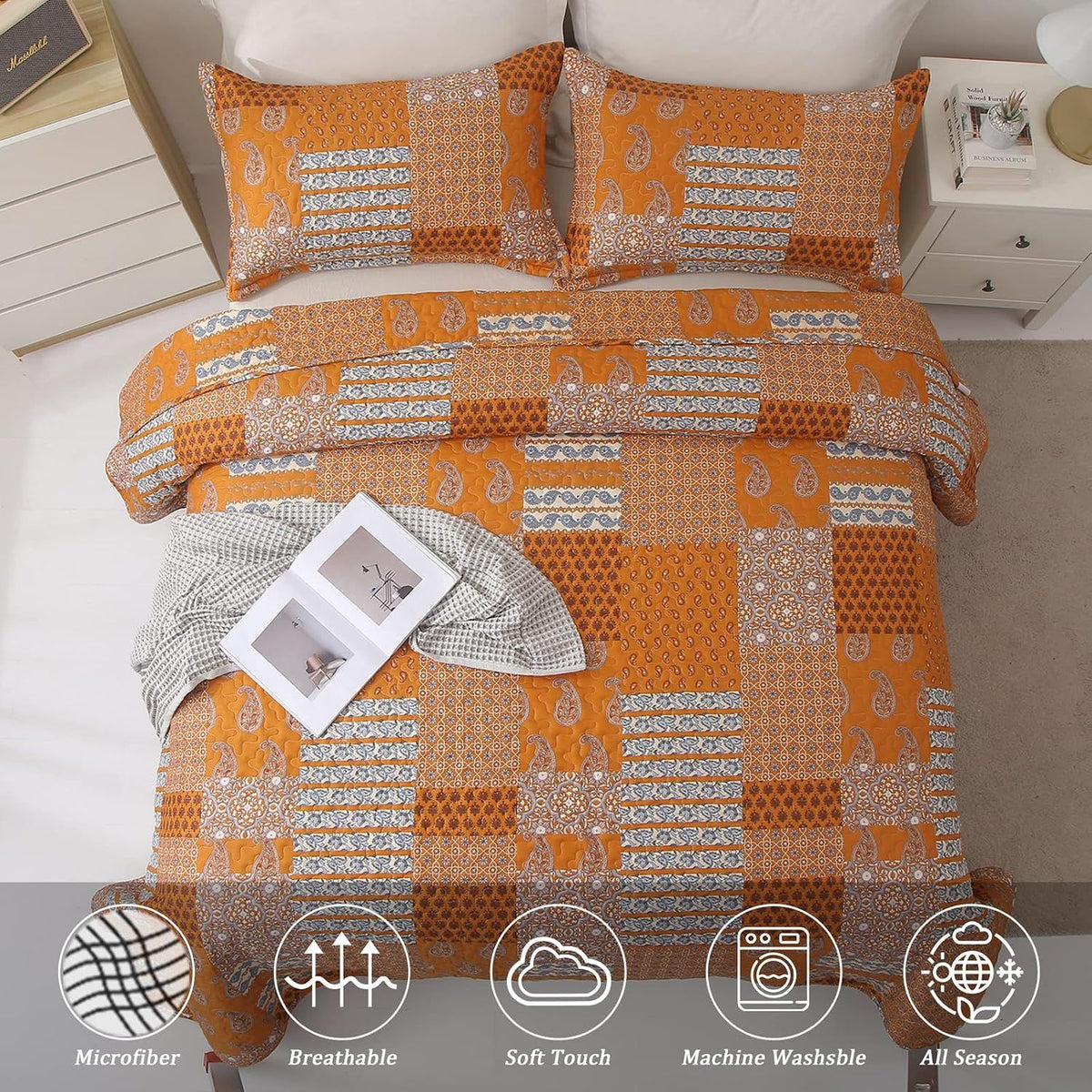 Burnt Orange Paisley Mosaic Coverlet Bedspread Set