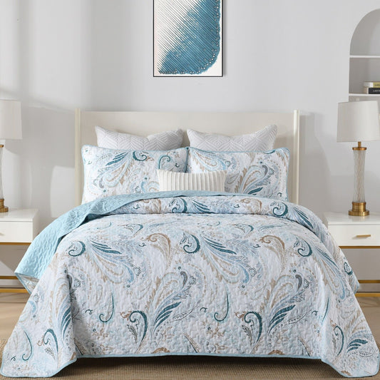 White Teal Aurelian Paisley Bedspread Coverlet 3 Piece Set