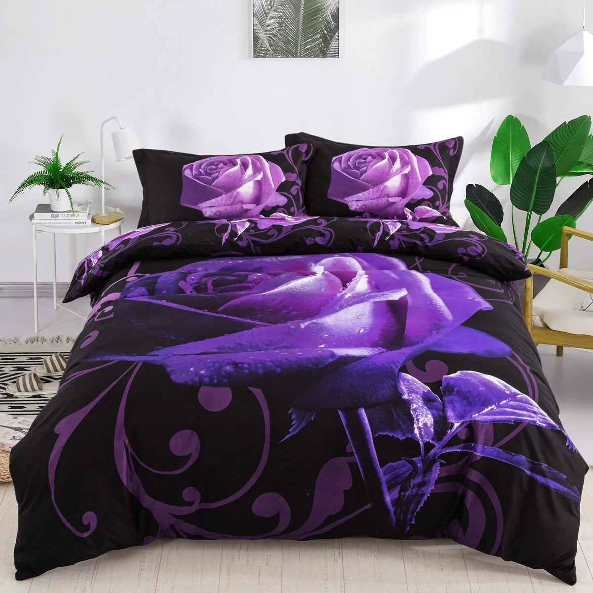 Viola Dark Elegant Rose Bloom Quilt / Doona / Duvet Cover set