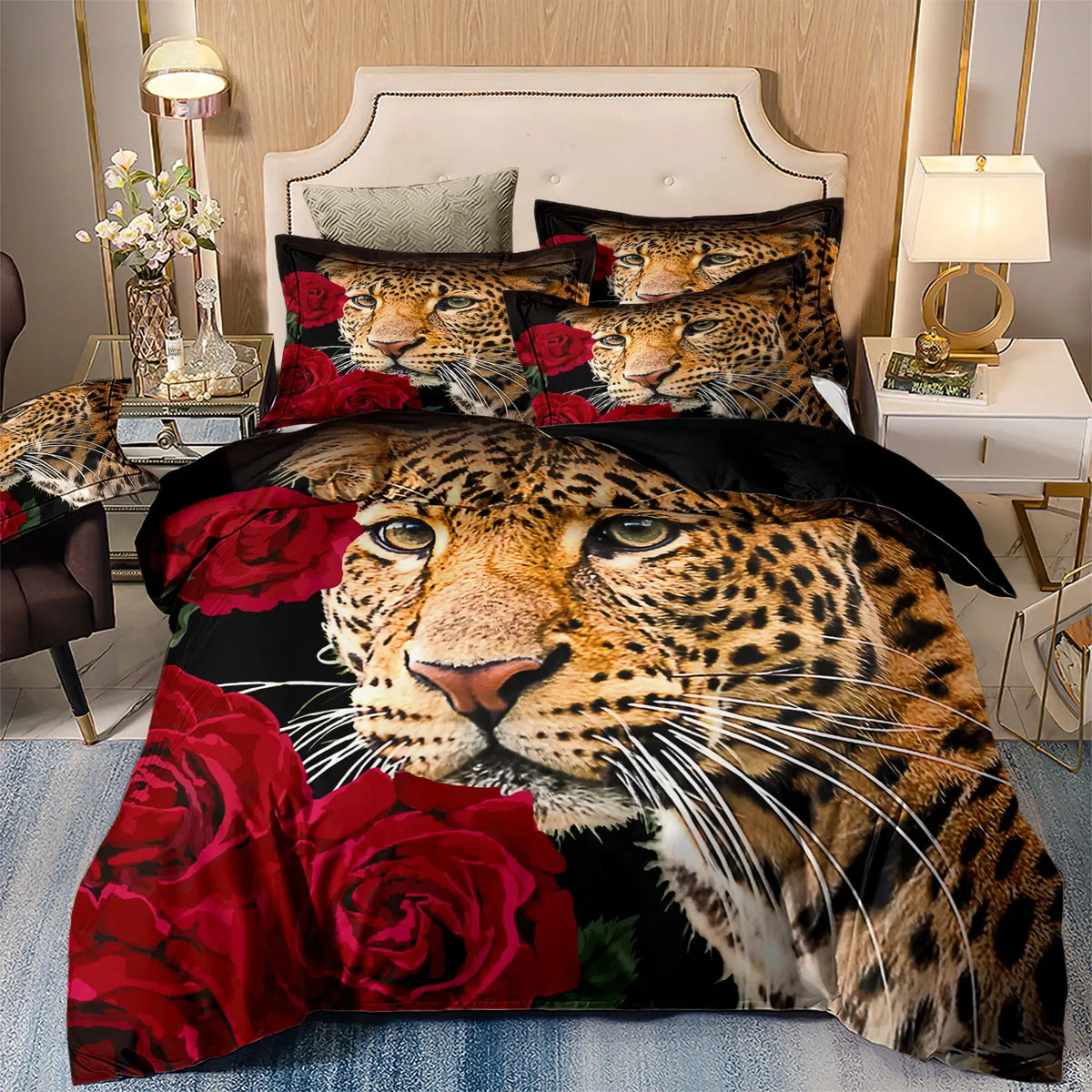 Leopard Rose Noir Quilt / Doona / Duvet Cover set
