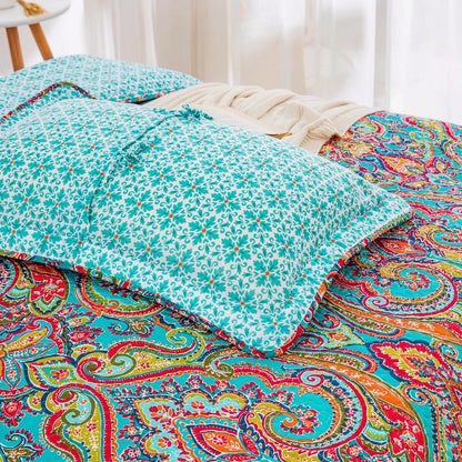 100% Cotton Aqua Coral Paisley Bloom Coverlet Bedspread Set