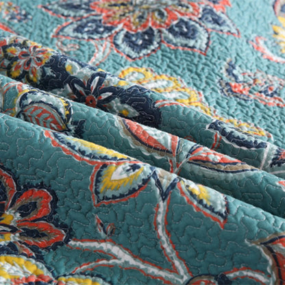 100% Cotton Teal Floralia Garden Coverlet Bedspread Set