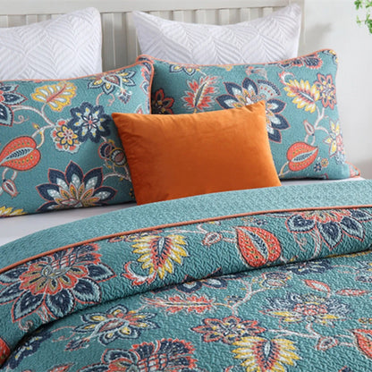 100% Cotton Teal Floralia Garden Coverlet Bedspread Set