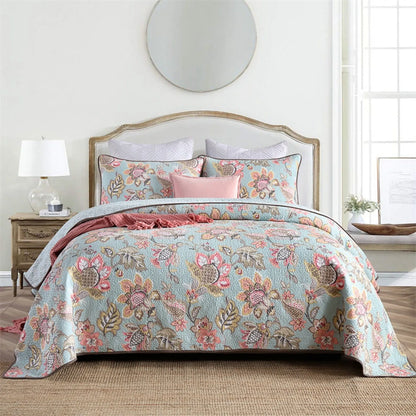 100% Cotton Blush Aqua Rosehaven Coverlet Bedspread Set