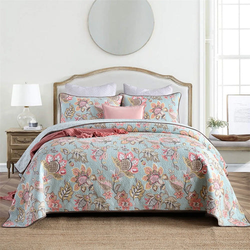 100% Cotton Blush Aqua Rosehaven Coverlet Bedspread Set