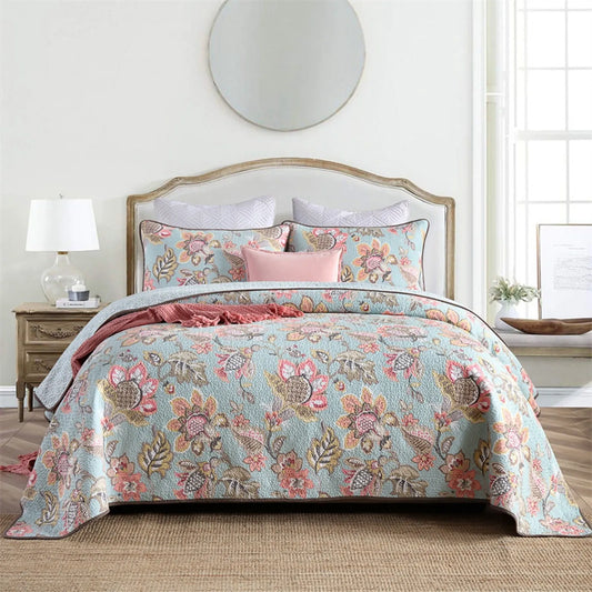100% Cotton Blush Aqua Rosehaven Coverlet Bedspread Set