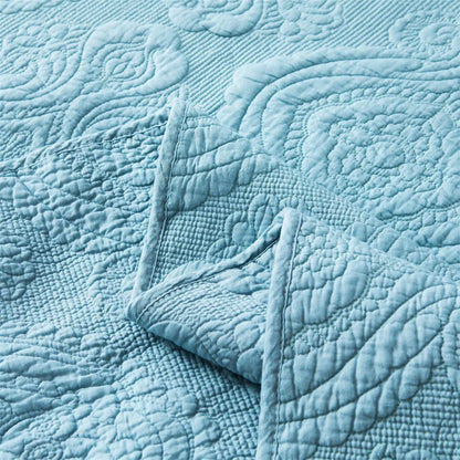 100% Cotton Embossed Sky Blue Bloom Coverlet Bedspread Set
