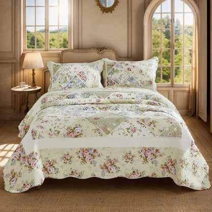 100% Cotton Ivory Cottage Rose Coverlet Bedspread Set