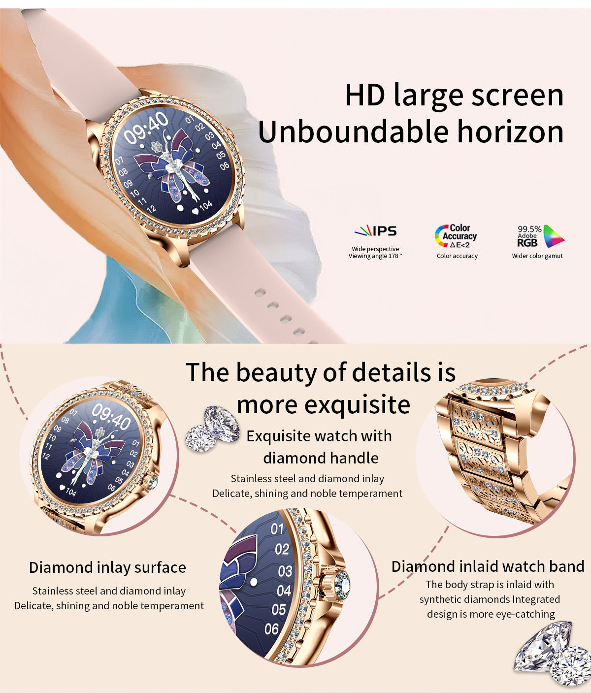 Elegant Women's Smartwatch,HD Touchscreen, Bluetooth Calls, Health Monitoring(Gold Thin Steel Strip)