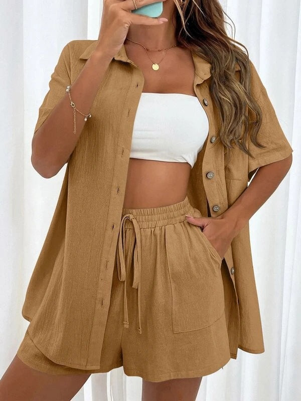 XXXL Brown Women's Elegant 2-Piece Casual Set | Distressed Linen-Look Button-Down Shirt & Drawstring Shorts