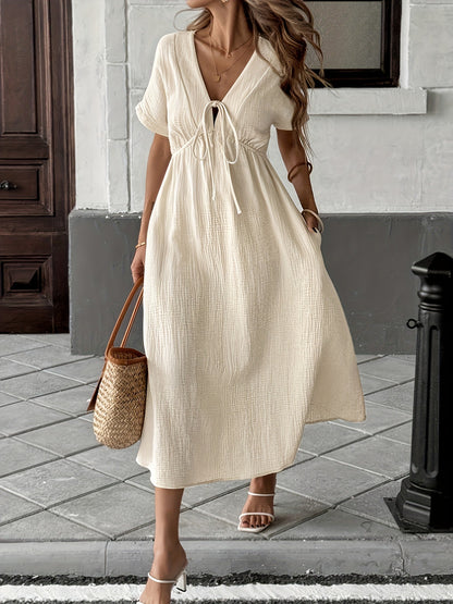 L Light Yellow Women's Bohemian Deep V-Neck Maxi Dress | Elegant Flowy Empire Waist Gown with Tie Detail