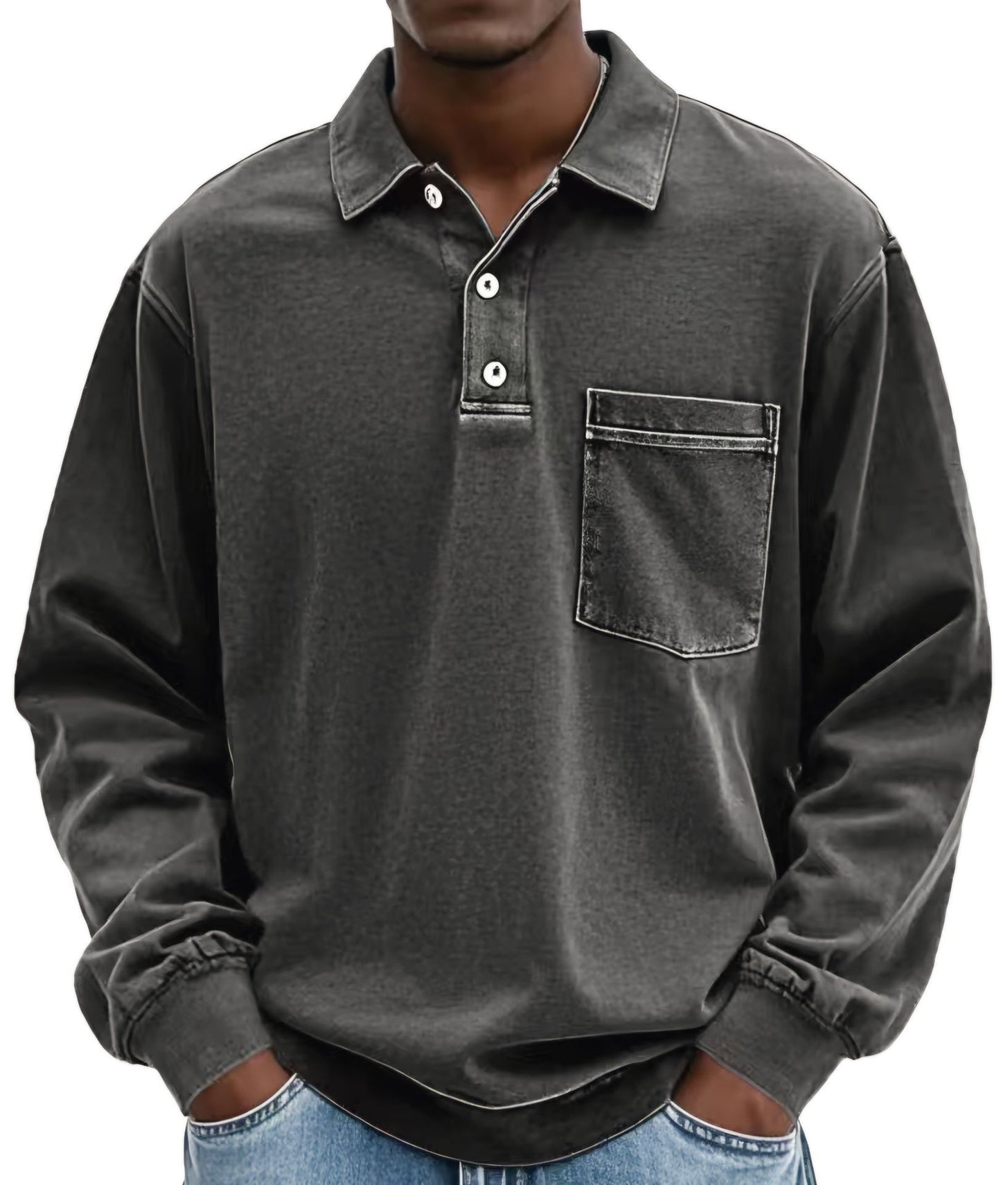 L Black Men's Premium Long Sleeve Polo Shirt | Vintage Washed Relaxed Fit | Casual Loose Buttoned Lapel Top