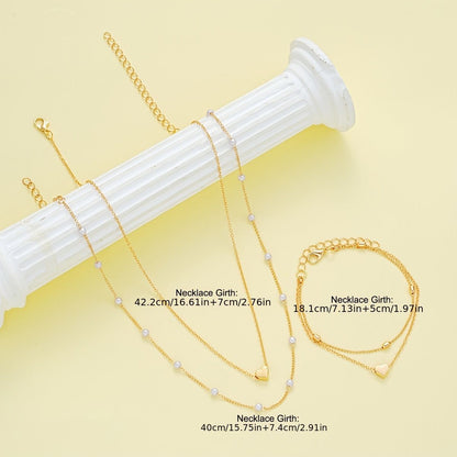 Gold Double-Layer Heart Charm Necklace and Bracelet Set – Women’s Layered Jewelry Set