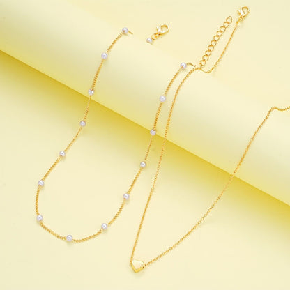 Gold Double-Layer Heart Charm Necklace and Bracelet Set – Women’s Layered Jewelry Set