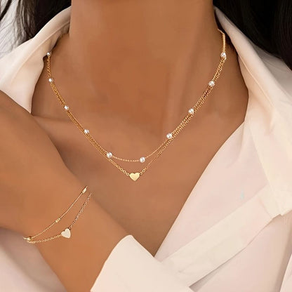 Silver Double-Layer Heart Charm Necklace and Bracelet Set – Women’s Layered Jewelry Set