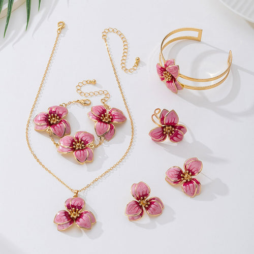 White Floral Enamel Jewelry Set – Five-Piece Alloy Accessory Collection with Minimalist Botanical Design