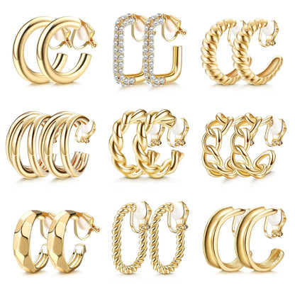 9 Pairs Geometric C-Shaped Non-Pierced Ear Clips Minimalist Hollow Electroplated Alloy Ear Cuffs Painless Fashion Accessory for Local Women