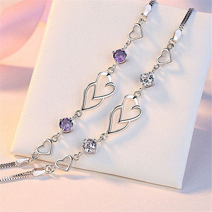 Heart-to-Heart Silver Plated Bracelet with Sparkling Rhinestones Elegant Romantic Jewelry for Women Includes Local Standard Gift Box for Special Occasions(3A White Diamond)