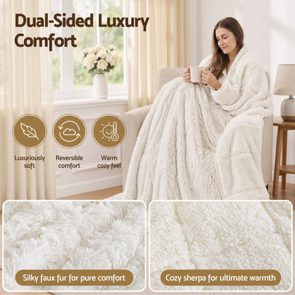 Giselle Faux Fur Weighted Blanket 2 Sided Long Pile Sherpa Reverse Cream 6.8KG 120 x 180cm