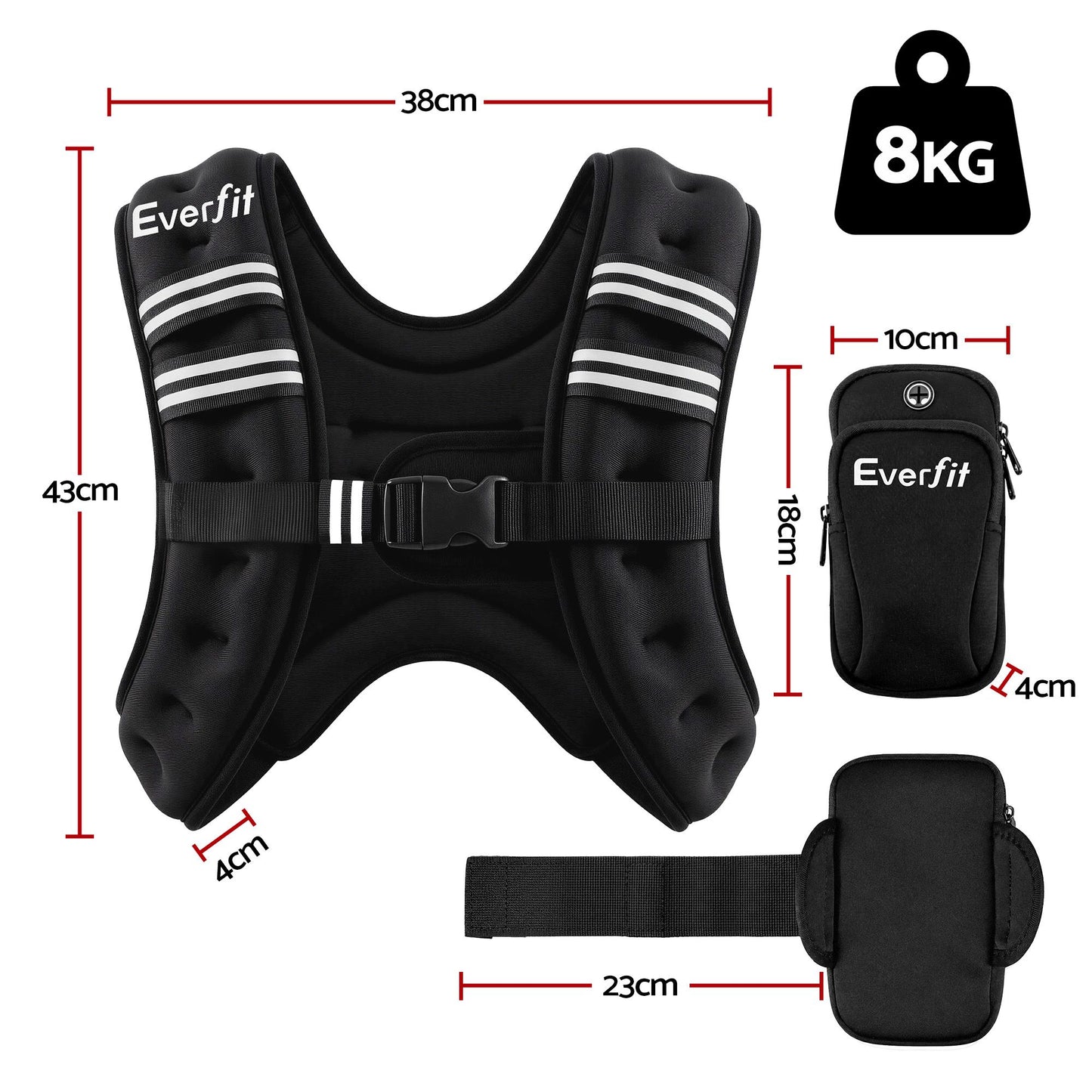 Everfit 8kg Weighted Vest Men Women, Reflective Running Vest with Armband Pouch