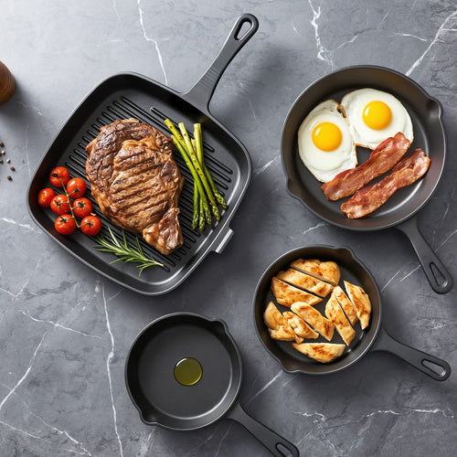 5-Star Chef Cast Iron Fry Pan Skillet Cookware Set Induction Black 14/16/20/24cm