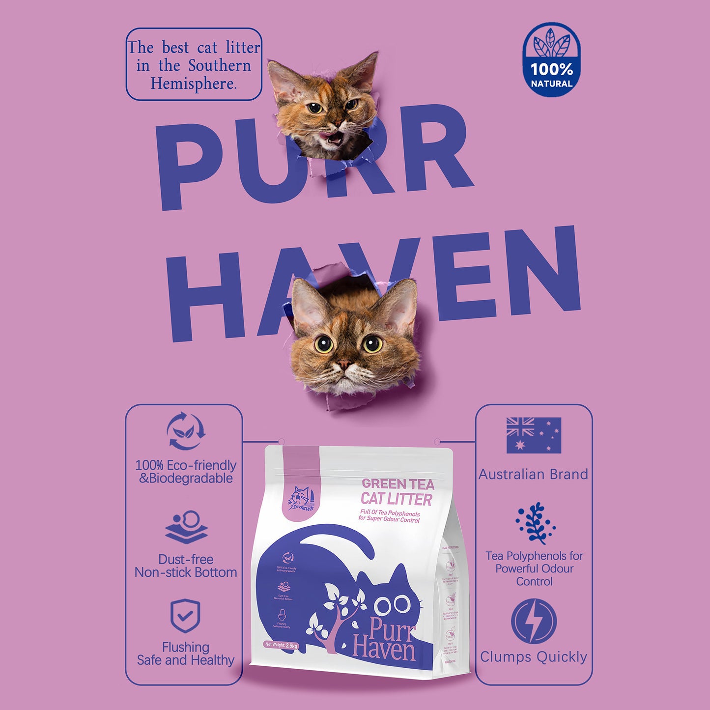 PurrHaven Green Tea Clumping Cat & Kitty Litter, 15kg (6 Pack),Dust Free,Natural Flusable,Easy to Clean,Odour Neutraliser,Rapid Liquid Absorption,Non-Toxic Formula
