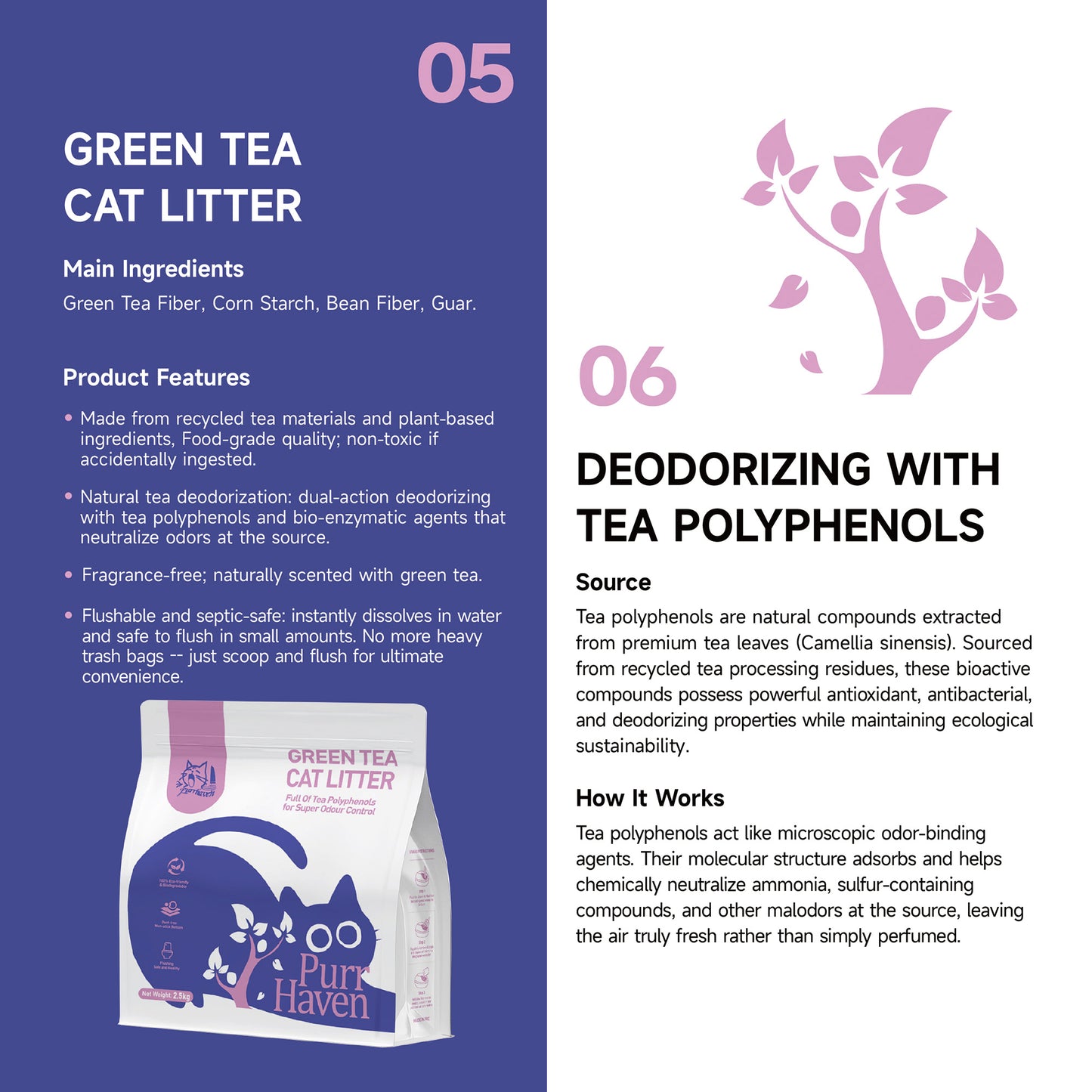 PurrHaven Green Tea Clumping Cat & Kitty Litter, 15kg (6 Pack),Dust Free,Natural Flusable,Easy to Clean,Odour Neutraliser,Rapid Liquid Absorption,Non-Toxic Formula