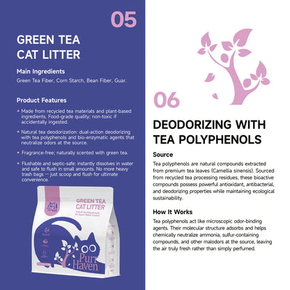 PurrHaven Green Tea Clumping Cat & Kitty Litter, 15kg (6 Pack),Dust Free,Natural Flusable,Easy to Clean,Odour Neutraliser,Rapid Liquid Absorption,Non-Toxic Formula