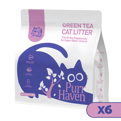 PurrHaven Green Tea Clumping Cat & Kitty Litter, 15kg (6 Pack),Dust Free,Natural Flusable,Easy to Clean,Odour Neutraliser,Rapid Liquid Absorption,Non-Toxic Formula