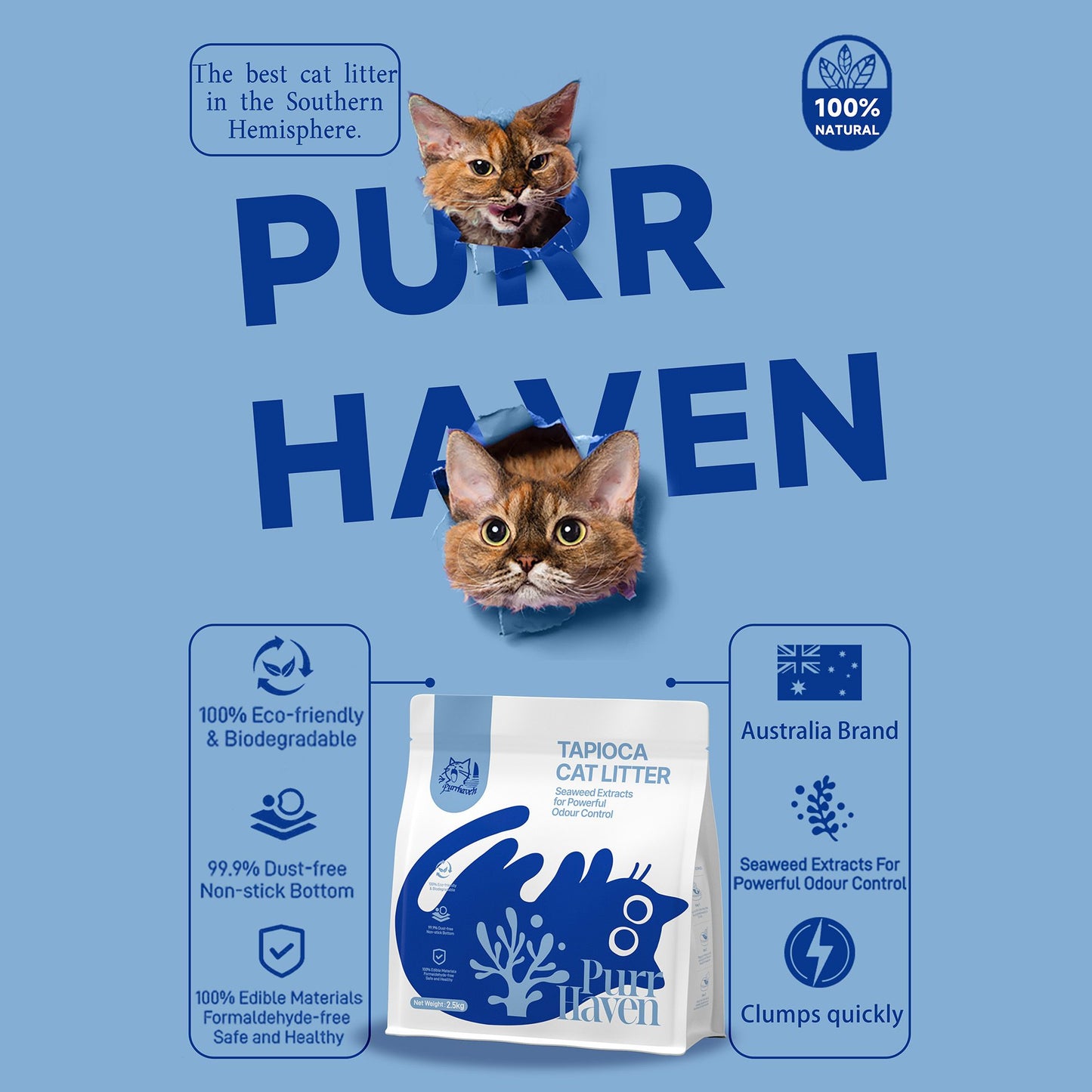 PurrHaven Tapioca Clumping Cat & Kitty Litter, 7.5kg (3 Pack),Dust Free,Multi-Cat,Easy to Clean,Odour Neutraliser,Rapid Liquid Absorption,Non-Toxic Formula