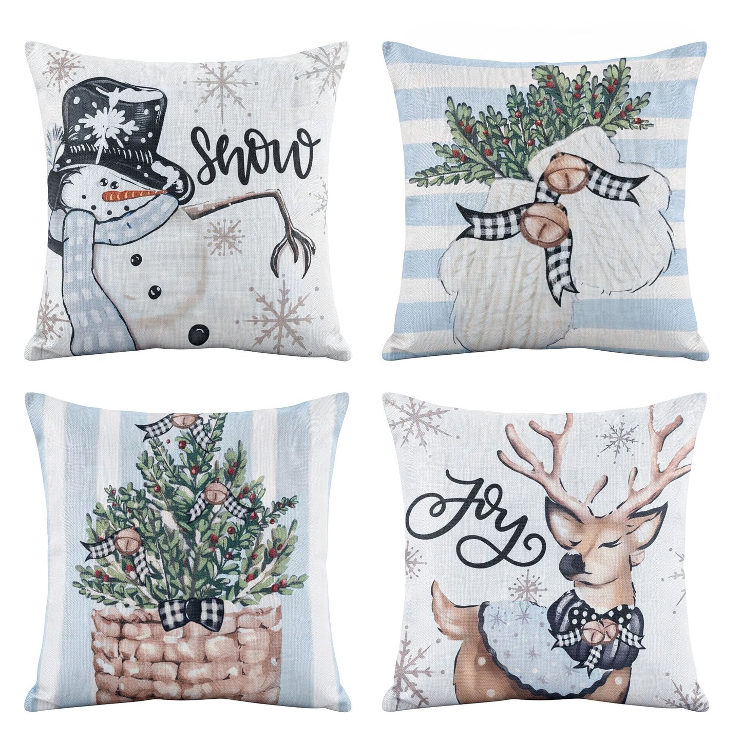 Jingle Jollys Christmas Cushion Covers Set of 4 Pillow Covers 45x45cm with 4 Cute Patterns Blue