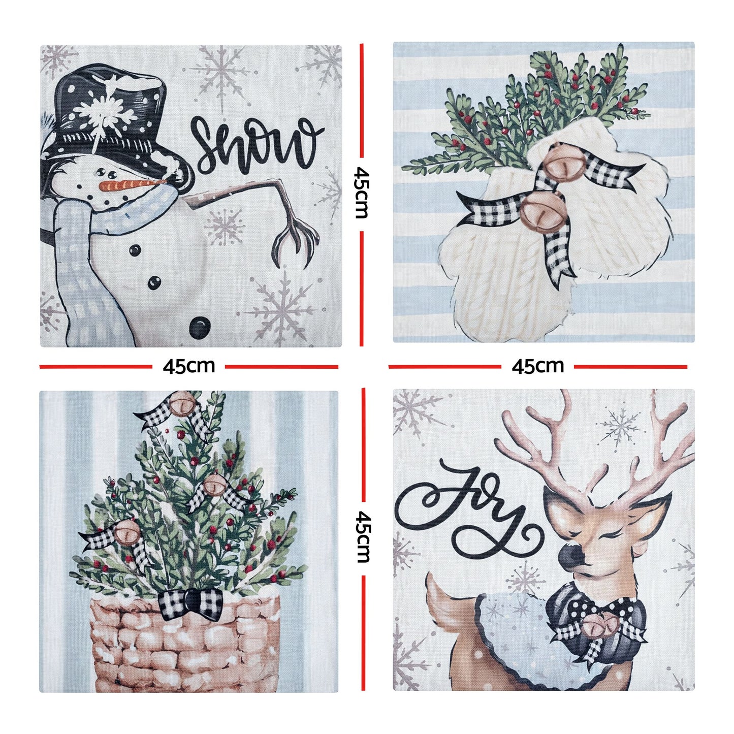 Jingle Jollys Christmas Cushion Covers Set of 4 Pillow Covers 45x45cm with 4 Cute Patterns Blue